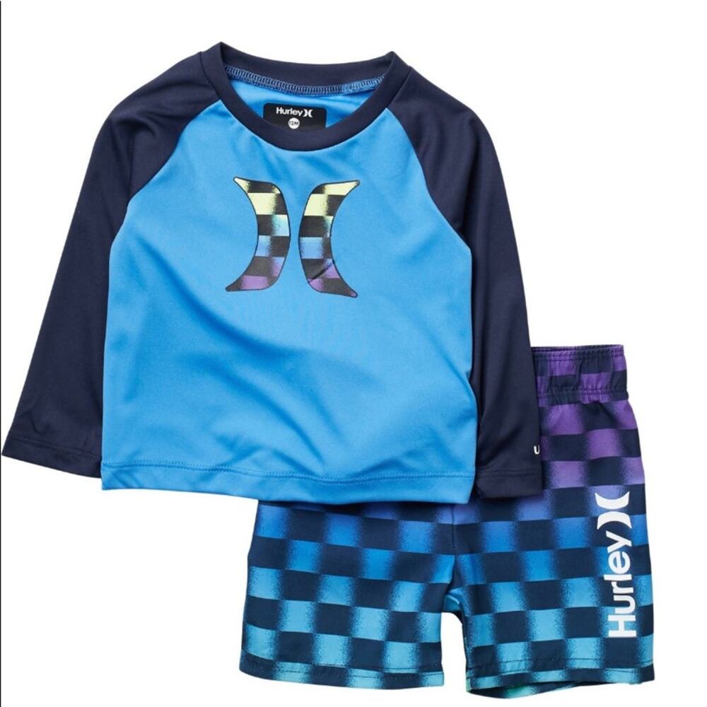 NWT Hurley Boys 2Pc Rash Guard Swim Set Blue Checkerboard UPF 50+ 12M